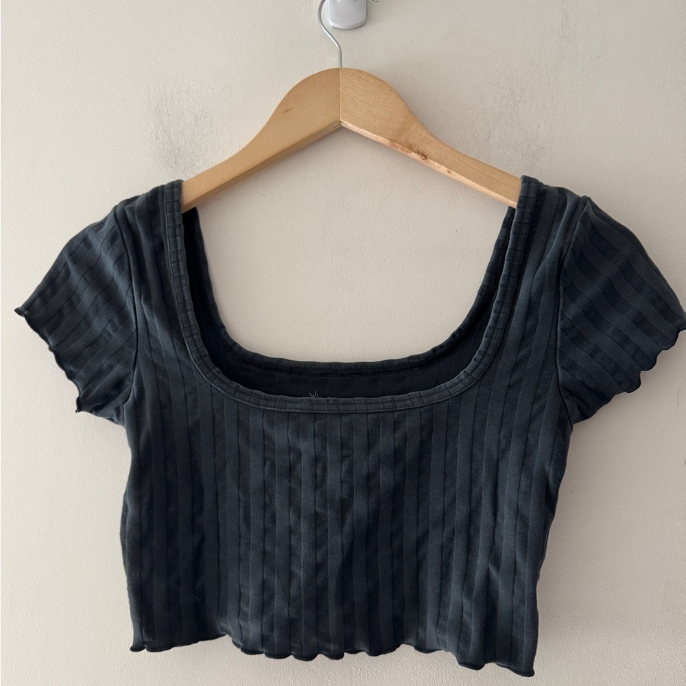 Aerie Offline Charcoal Gray Ribbed Square Neck Crop‎ Top Lettuce Hem